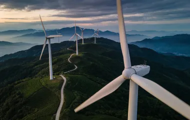 A single-axis tracking solar array at first light