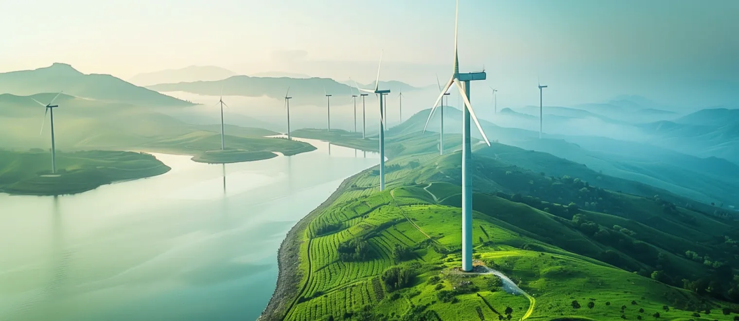 A solar array and wind turbines sharing a coastal site at first light