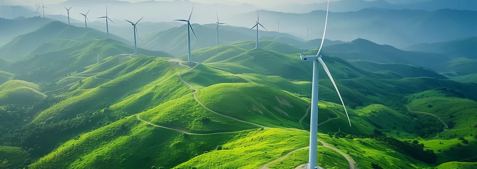 A wind farm above restored grassland at first light